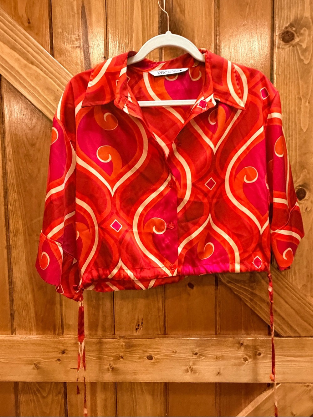 Zara Mod 70s Inspired Pink Orange Satin Tie Front Crop Top M